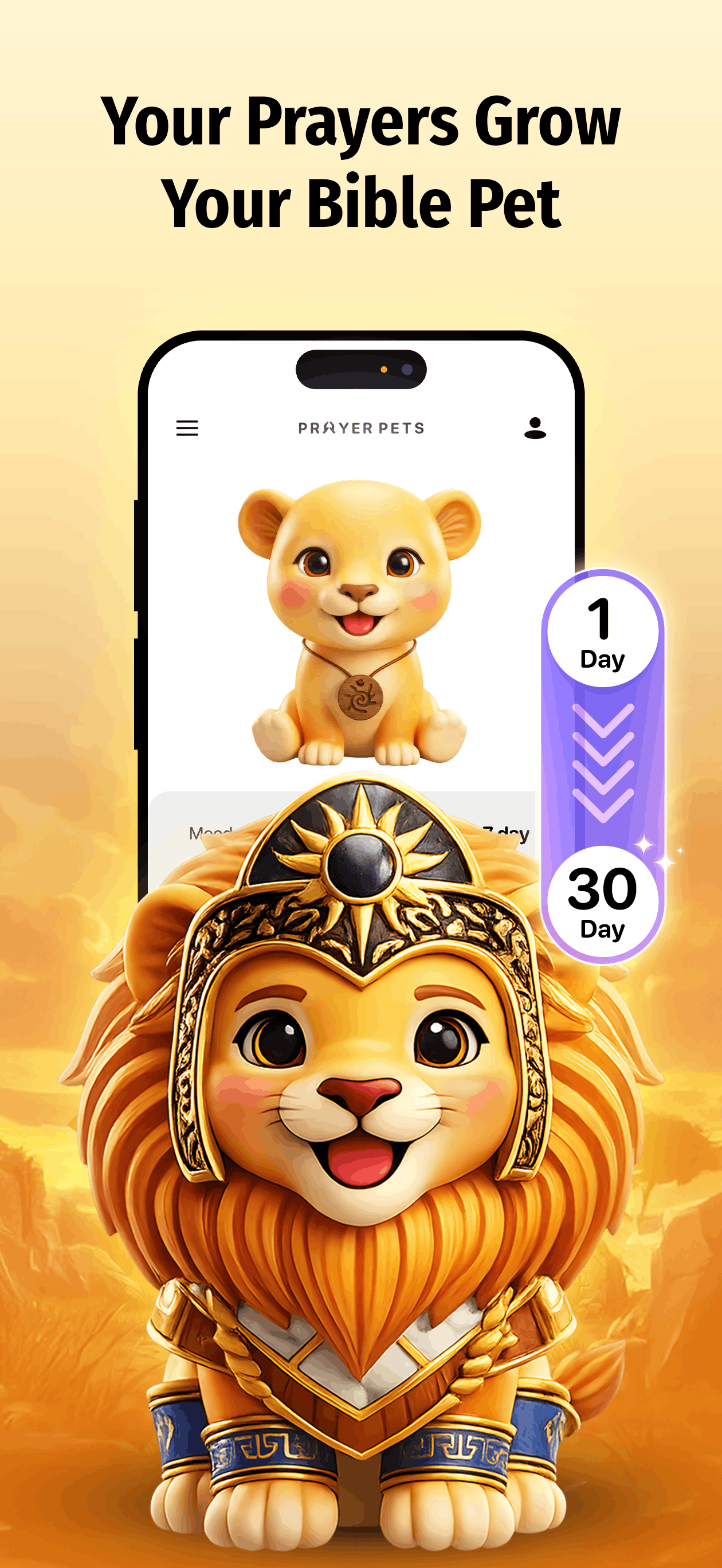 Pet grows from Day 1 to Day 30